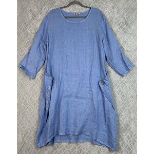 Couleur Lin Linen Midi Dress 10/12 Large IT46 Blue Asymmetrical Lagenlook Artsy
